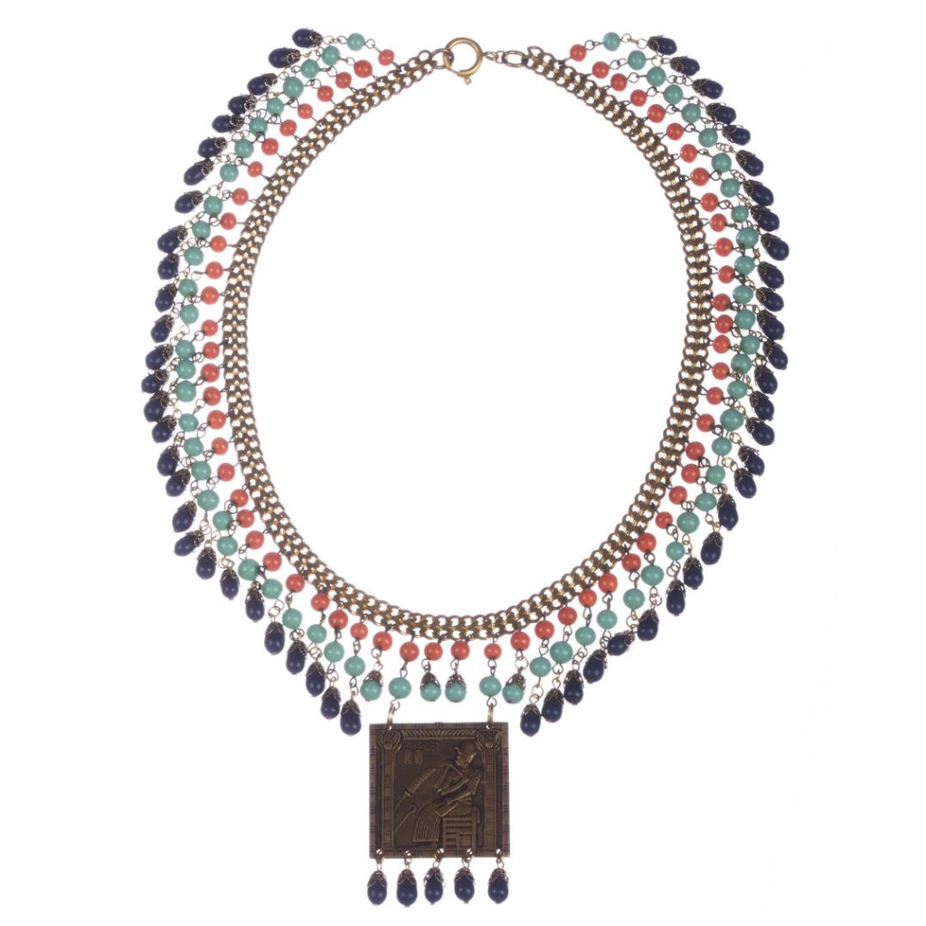 Egyptian Revival Brass And Venetian Glass Bead Necklace